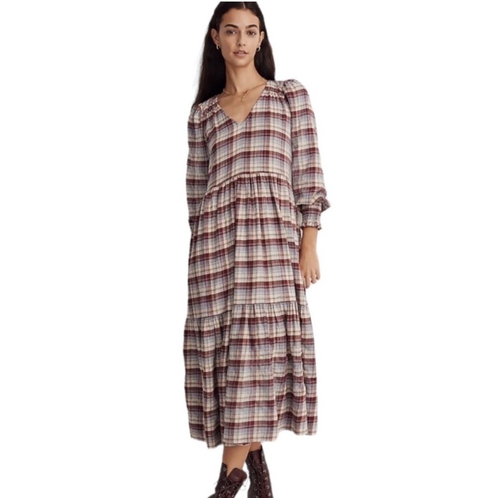 Madewell Plaid Tiered Midi Dress Burgundy Cream Blue V-Neck Long‎ Sleeve NI656 S